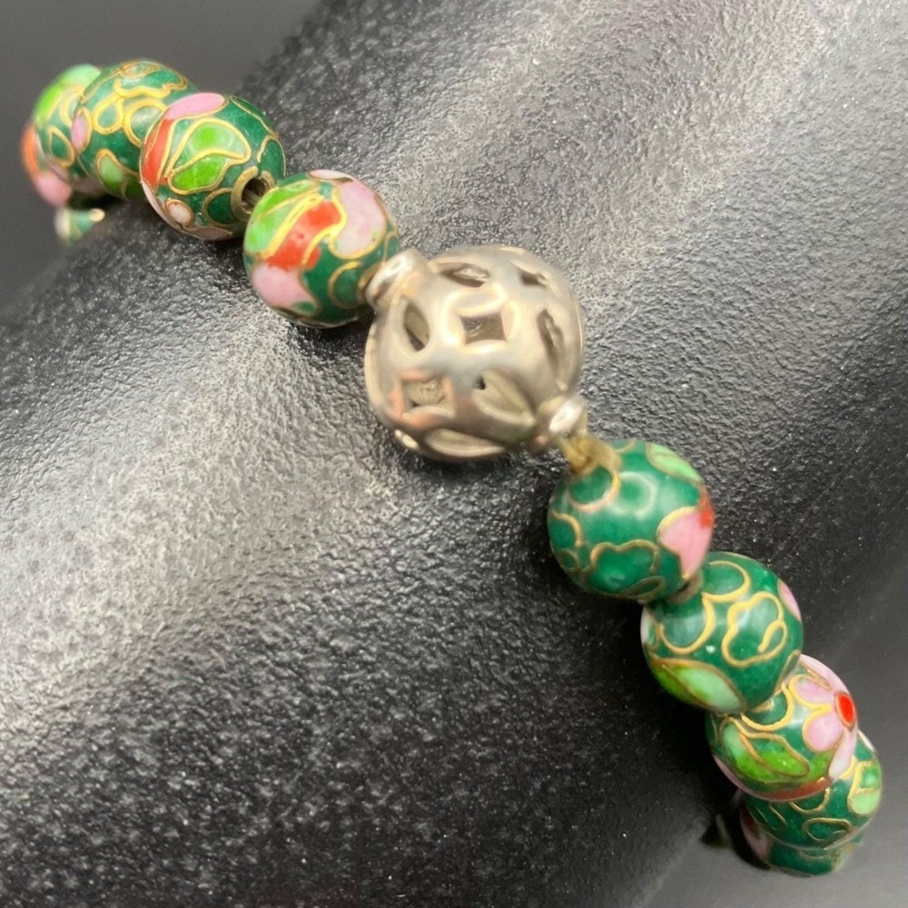 Vintage Green Cloisonné Beaded Bracelet With‎ Floral Design & Silver-Tone Accent